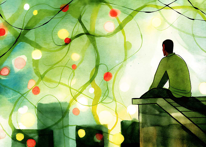 Rooftop Contemplation: Watercolor Cityscape