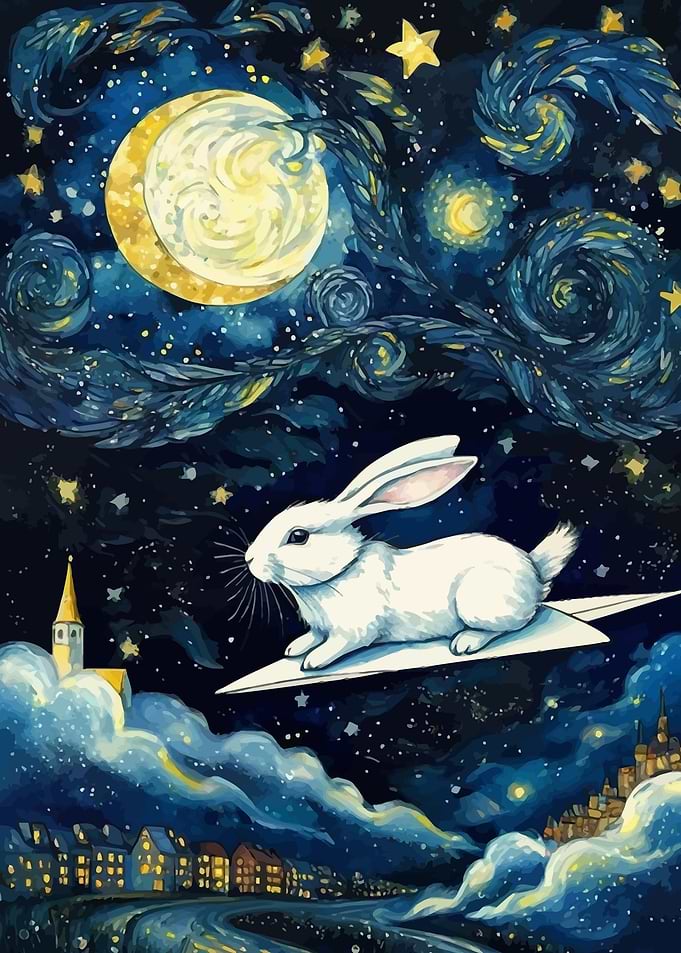 Rabbit on Paper Plane, Starry Night