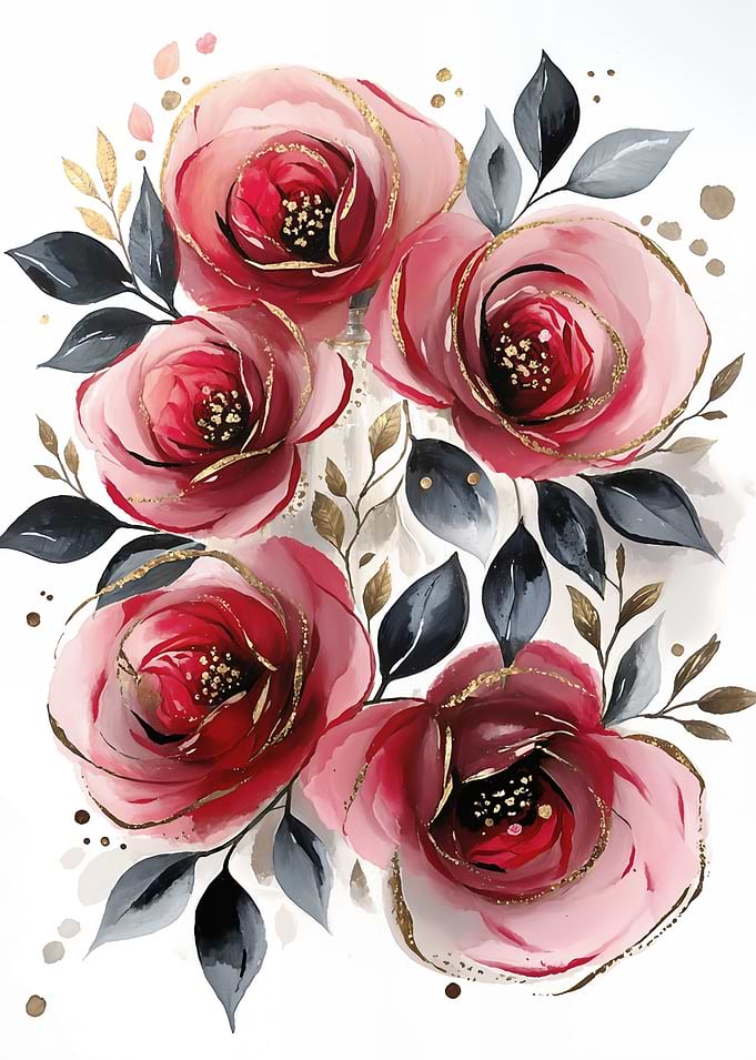Watercolor Roses with Gold Accents