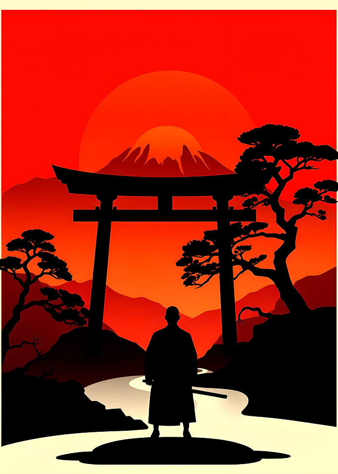 Samurai Silhouette at Torii Gate Sunset