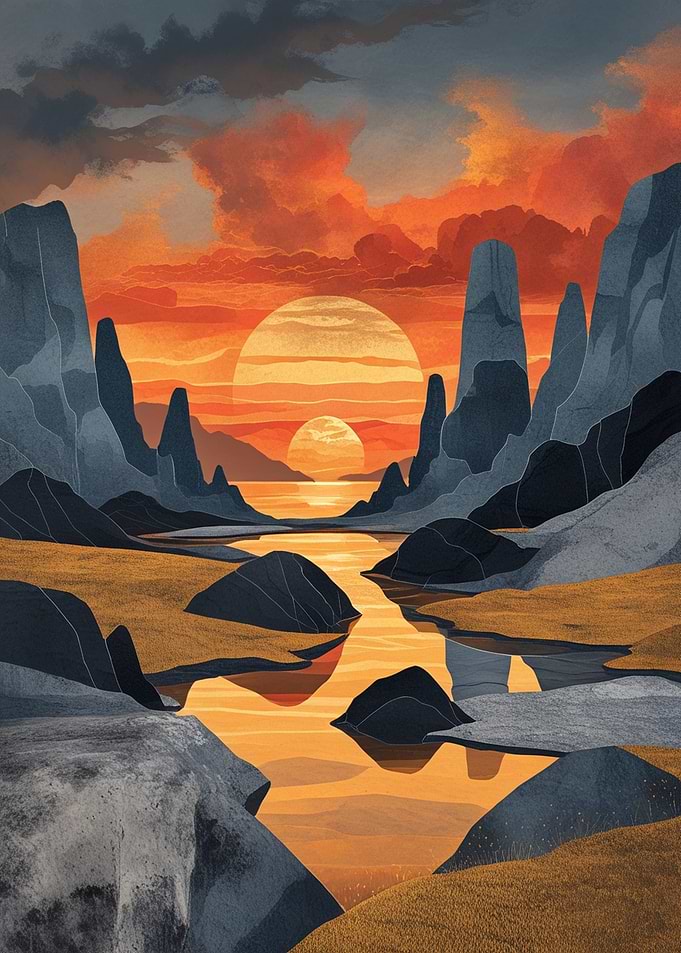 Abstract Landscape with Sunset and River