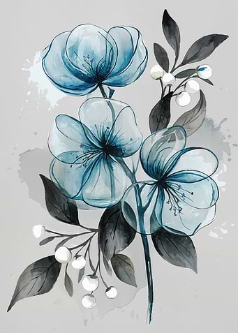 Watercolor Blue Flowers with Dark Leaves