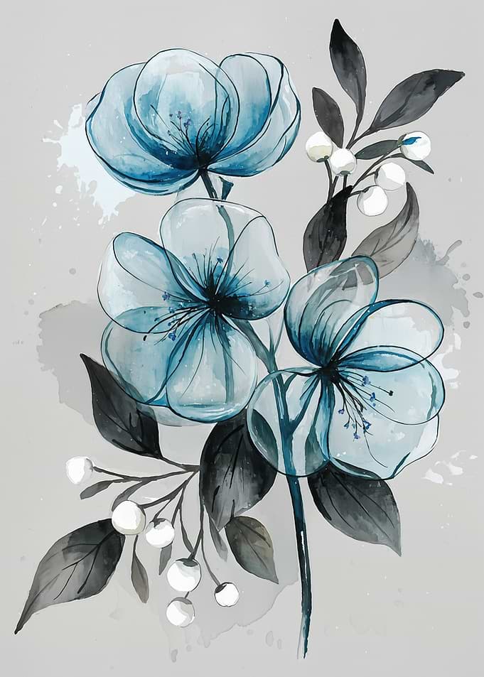 Watercolor Blue Flowers with Dark Leaves