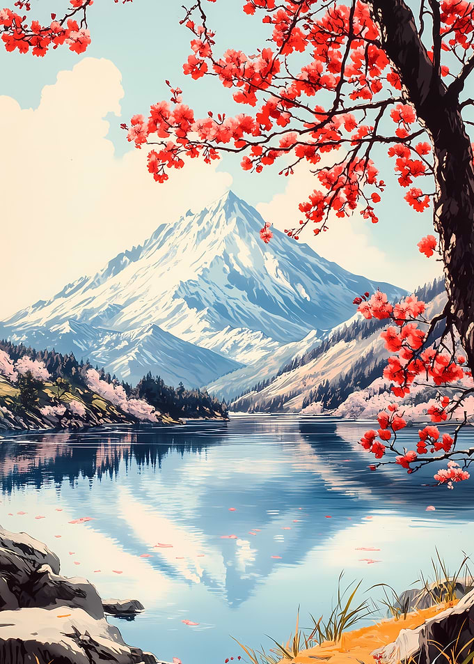 Mountain Lake with Cherry Blossoms