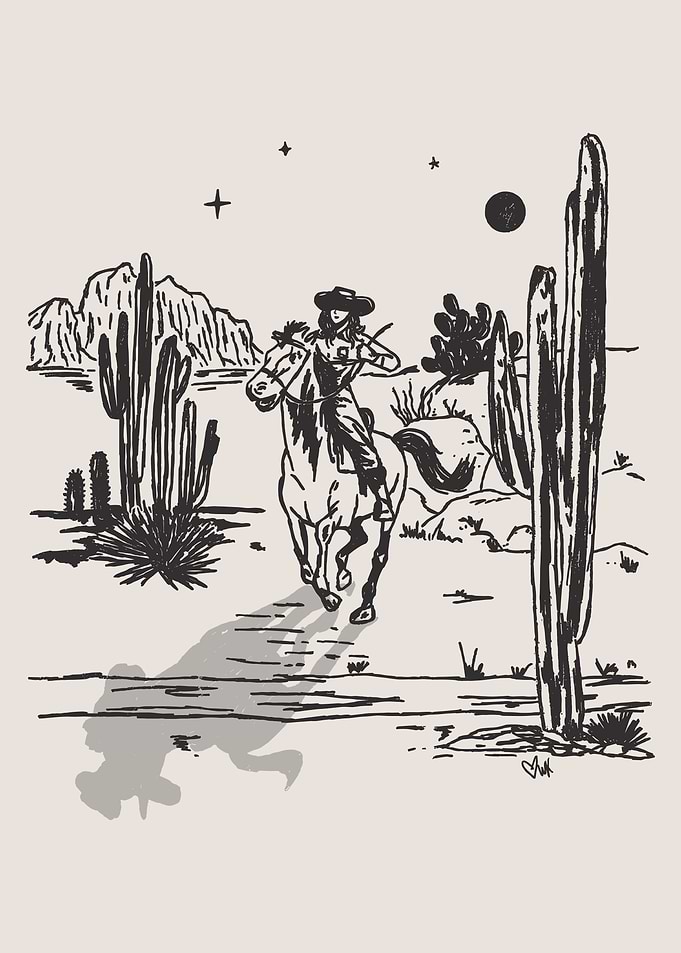 Cowgirl Riding Horse in Desert Landscape