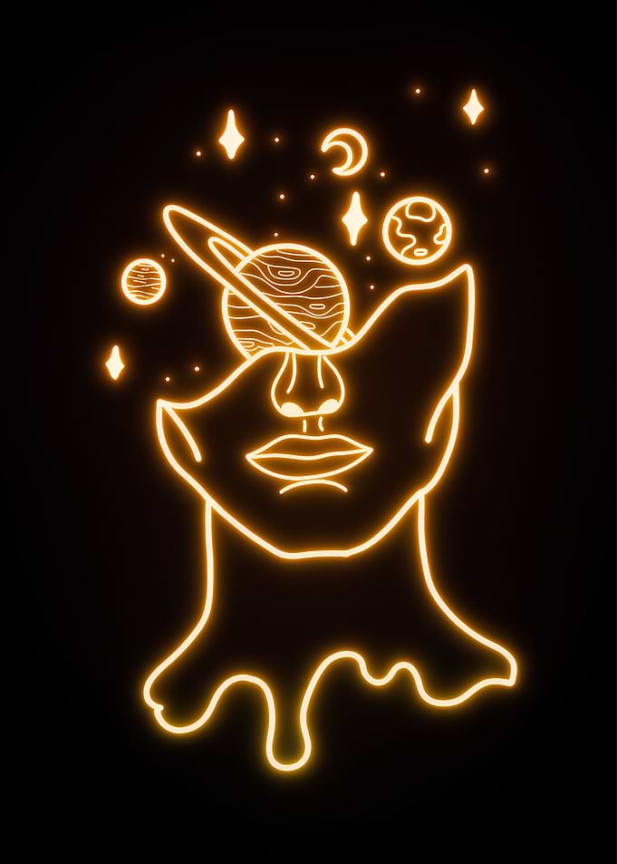 Neon Face with Planets and Stars