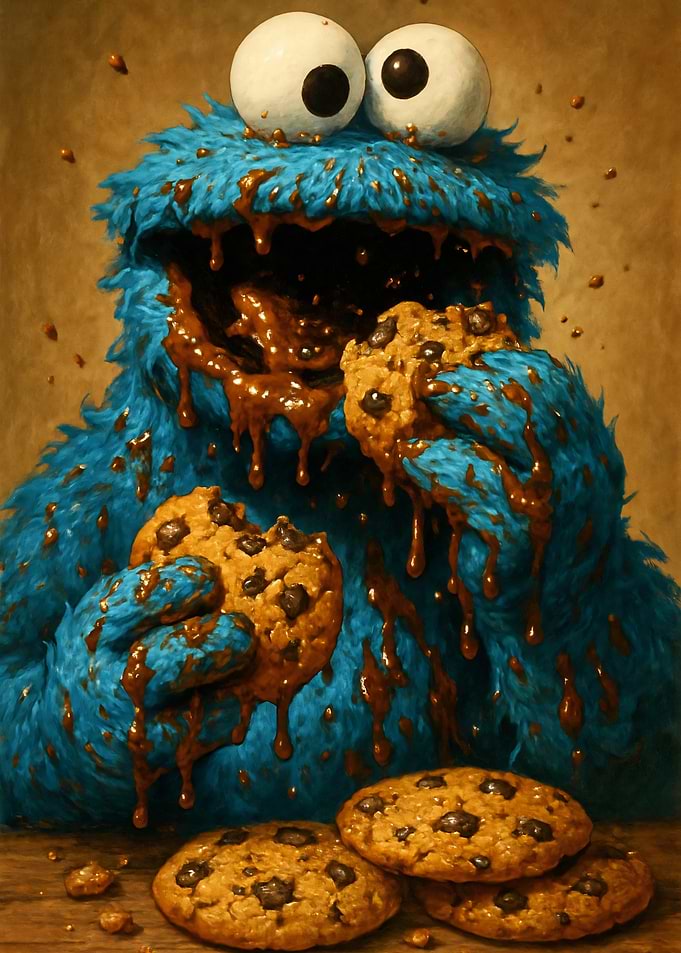 Cookie Monster eating chocolate chip cookies
