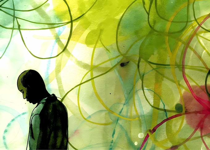 Contemplative Figure with Abstract Watercolor Background