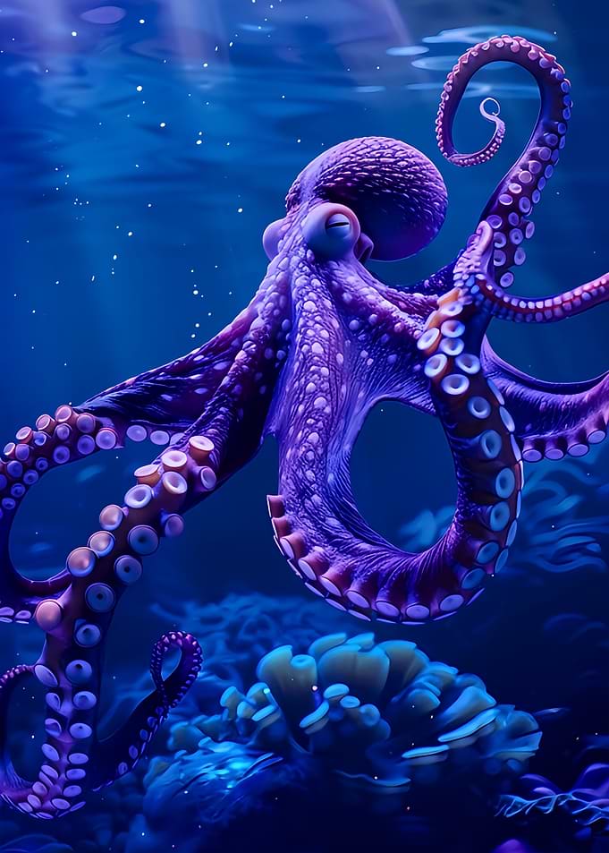 Purple Octopus in Deep Blue Sea