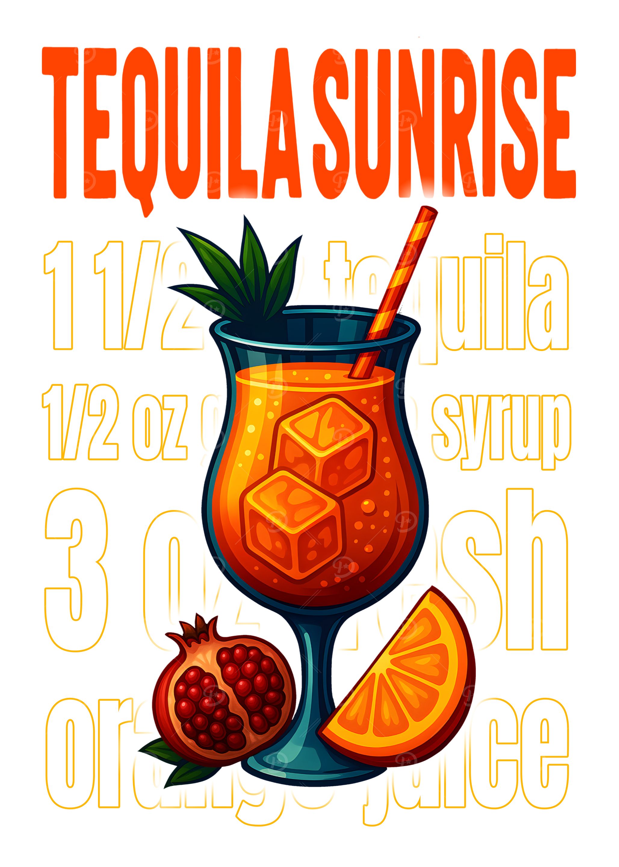 Tequila Sunrise Cocktail Art Print – Vibrant Tequila Drink Recipe Wall Decor for Bar, Kitchen, or Lounge