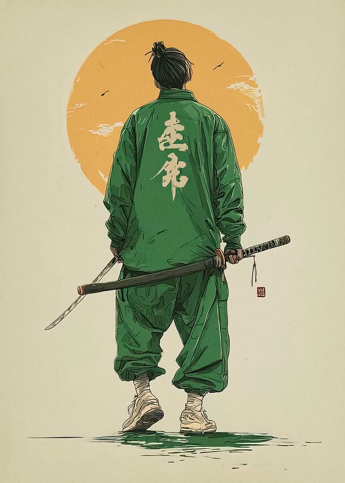 Modern Samurai in Green Tracksuit