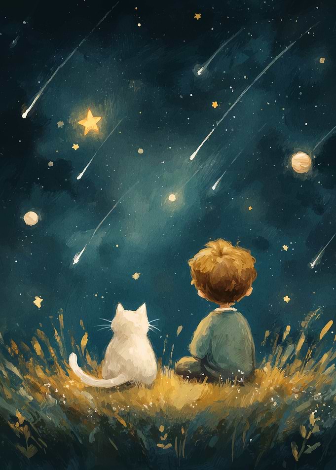 Boy and Cat Watching Shooting Stars