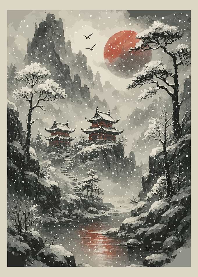 Winter Asian Landscape with Temples