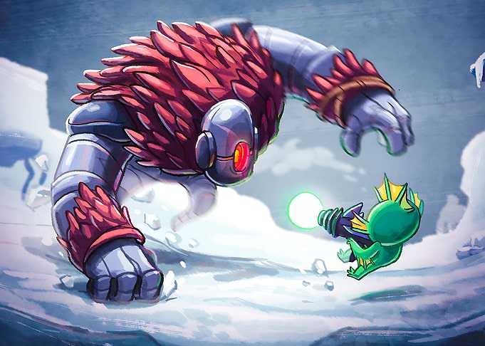 Robot vs Green Creature in Snowy Landscape