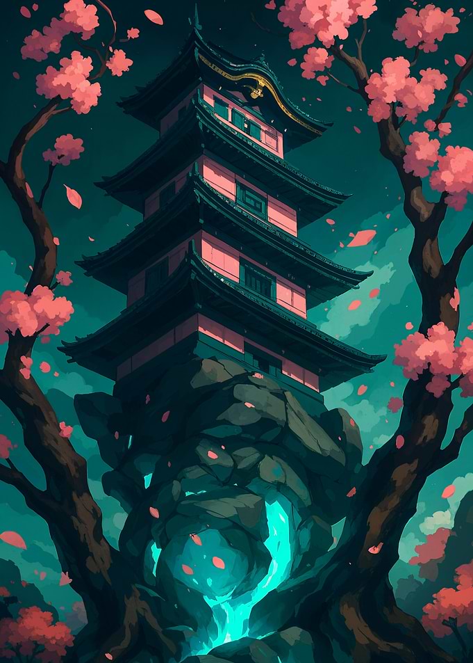 Japanese Pagoda with Cherry Blossoms