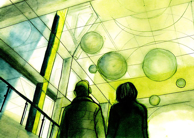 Abstract Watercolor: People Gazing at Ceiling