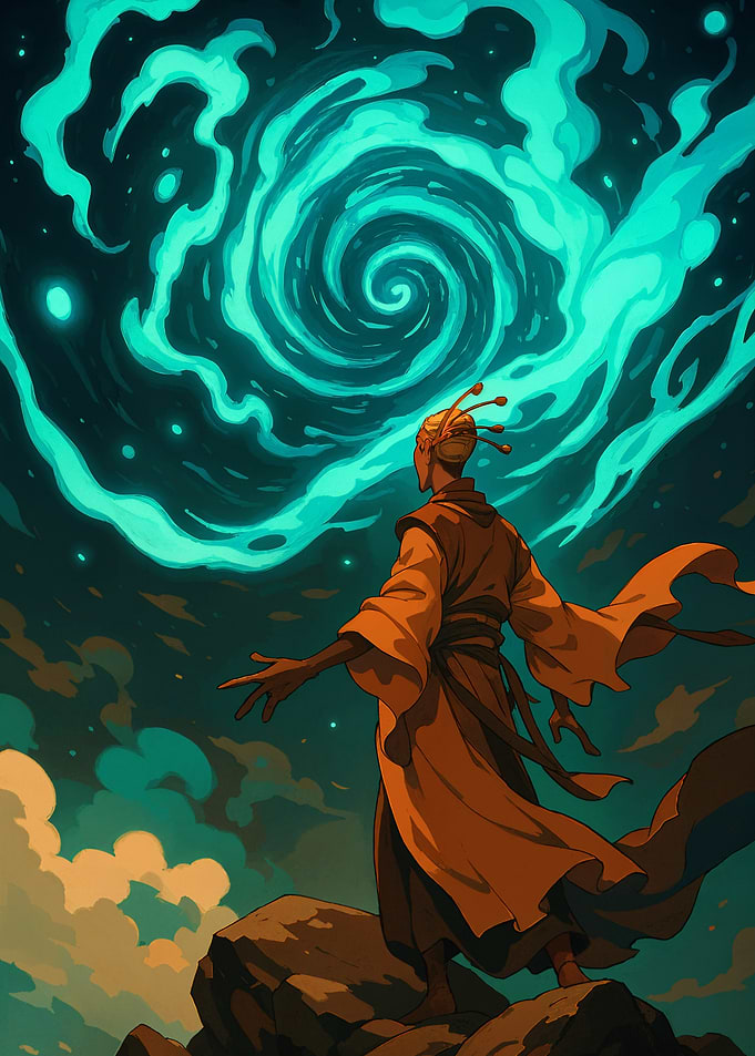 Mystic Figure Gazing at Celestial Swirl