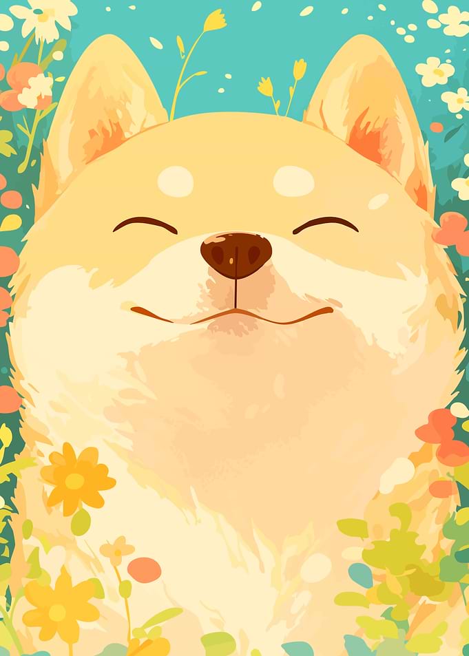 Cute Smiling Shiba Inu with Flowers