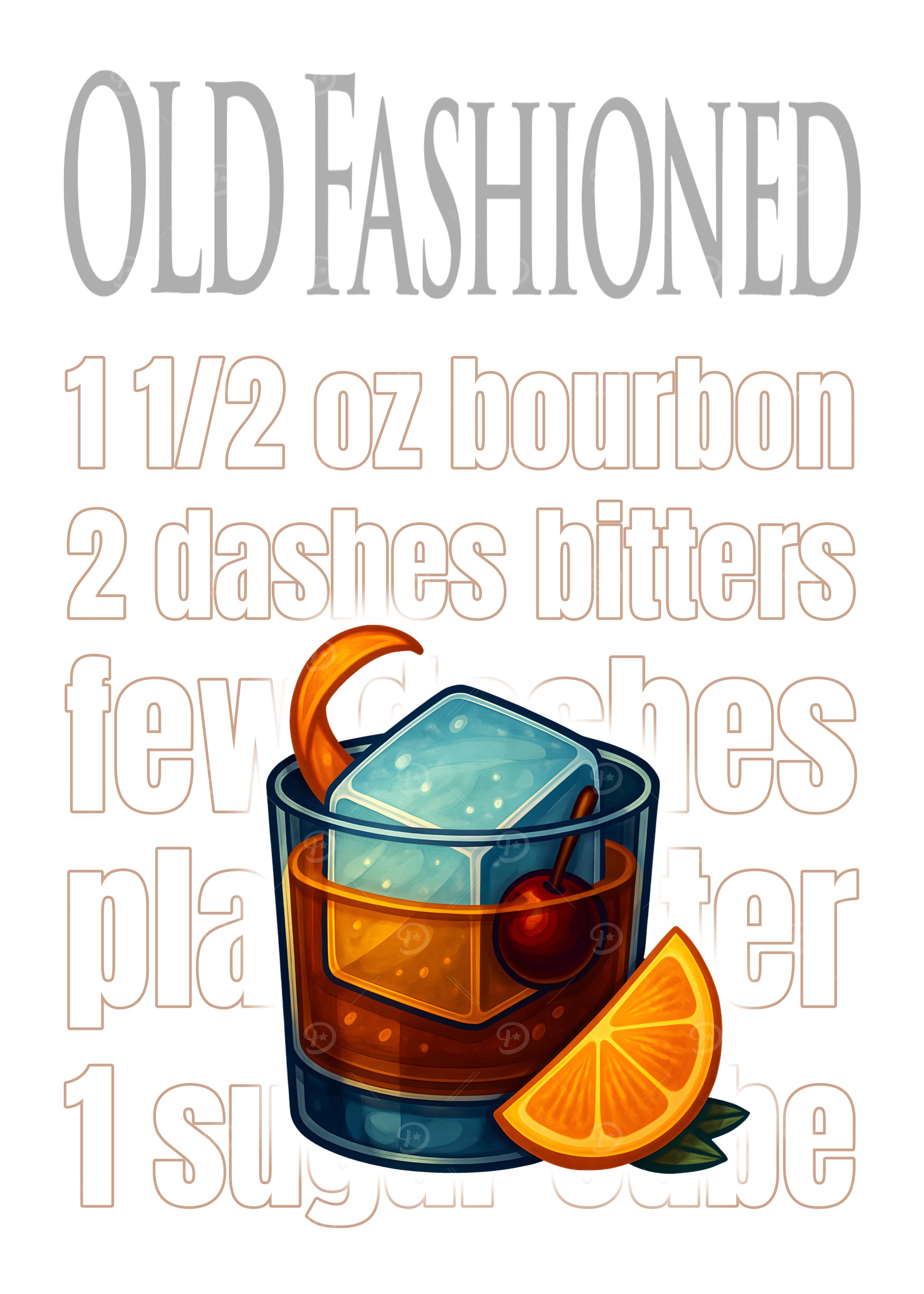 Old Fashioned Cocktail Art Print – Classic Whiskey Drink Recipe Wall Decor for Bar, Kitchen, or Lounge