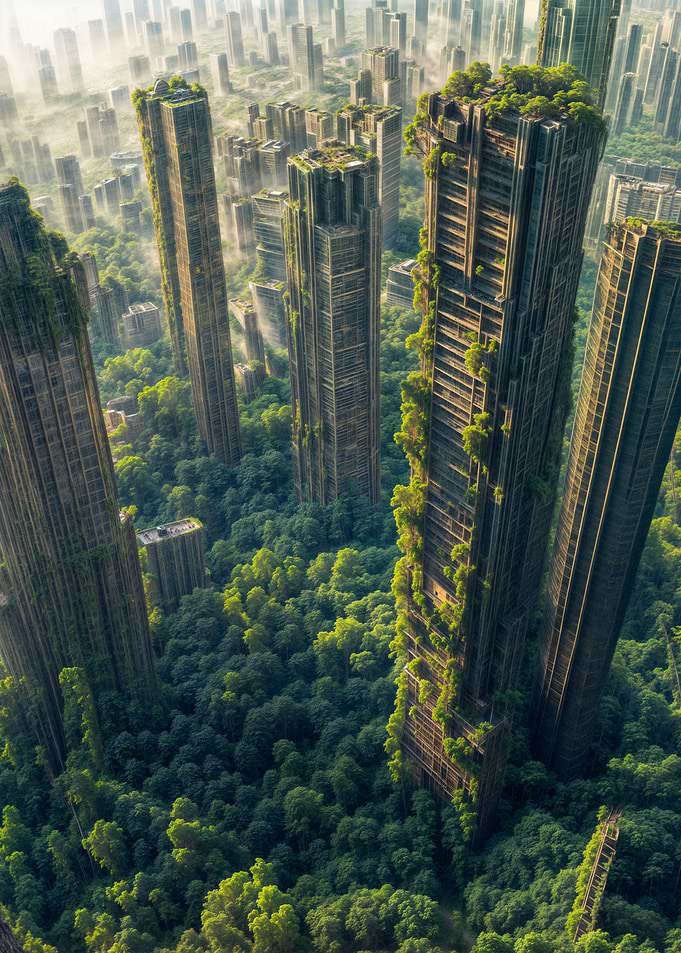 Overgrown Cityscape: Nature Reclaims Urban Ruins