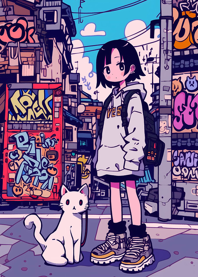 Anime Girl with Cat in Cityscape