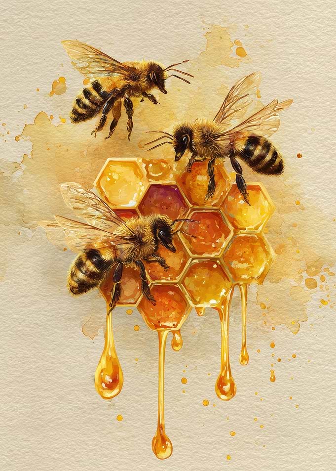 Bees and Honeycomb Watercolor Painting