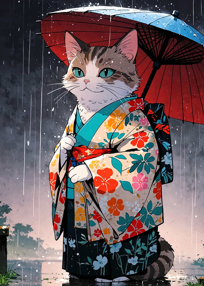 Cat in Kimono with Umbrella