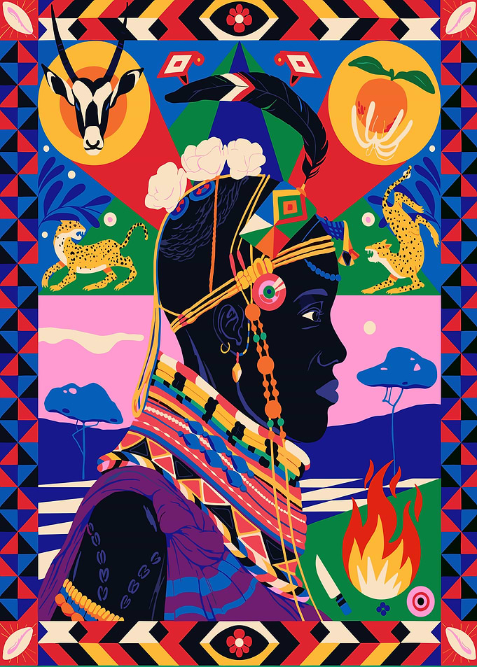 African Tribal Portrait with Wildlife Motifs