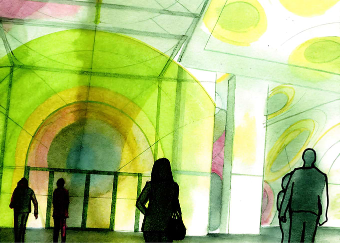 Watercolor Interior with Silhouetted Figures