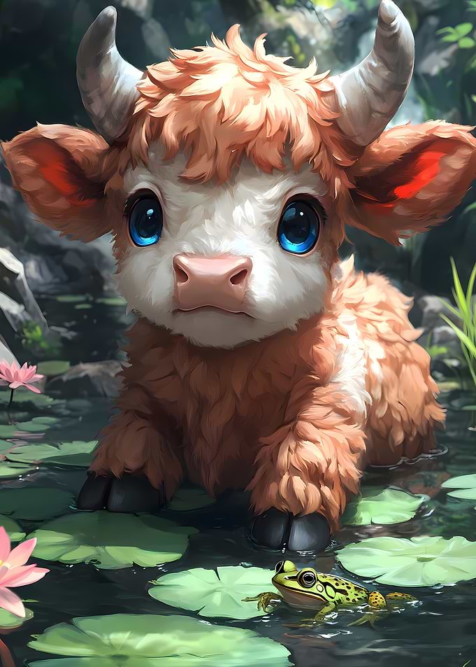 Cute Calf and Frog in Pond