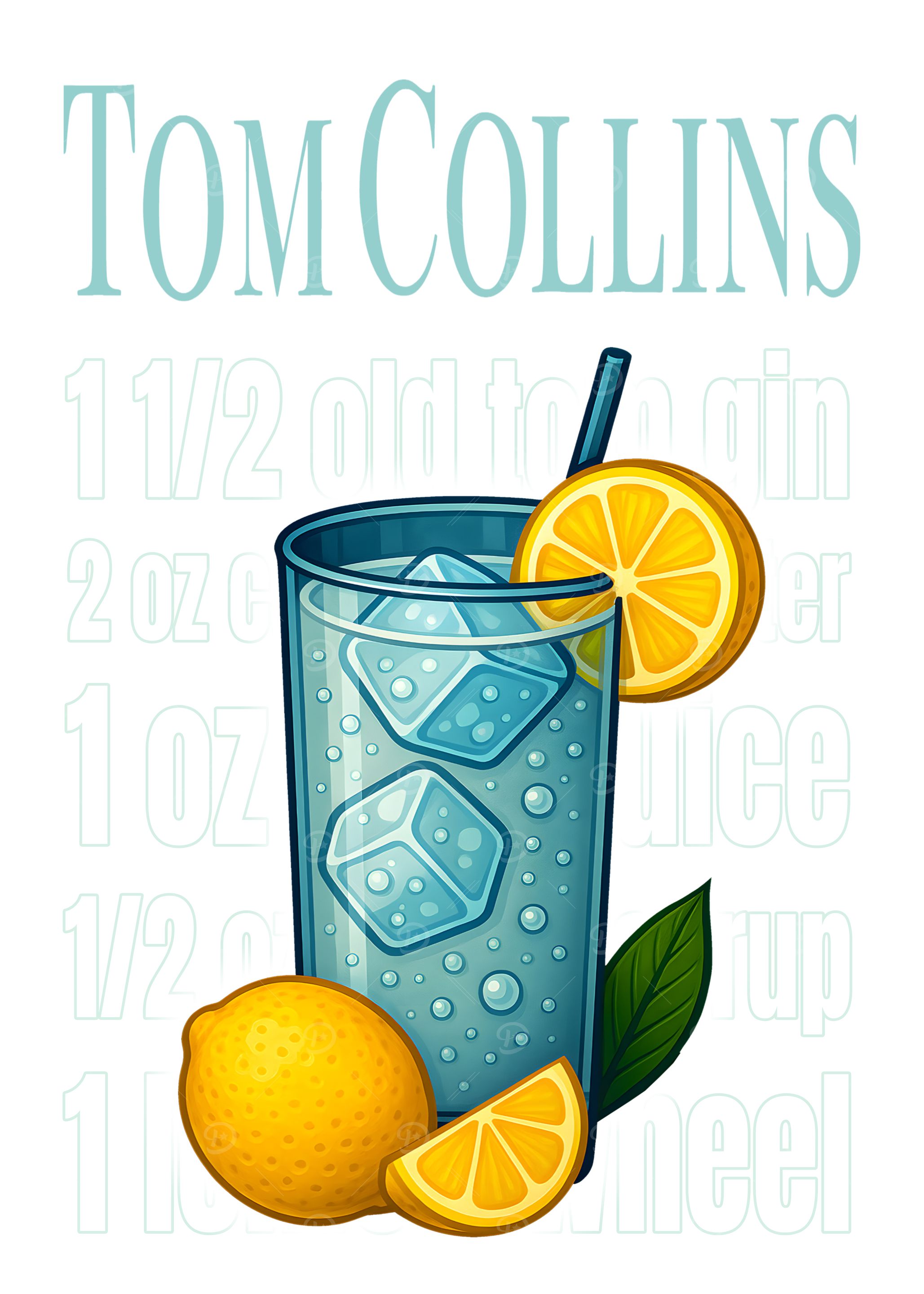 Tom Collins Cocktail Art Print – Classic Gin Drink Recipe Wall Decor for Bar, Kitchen, or Lounge