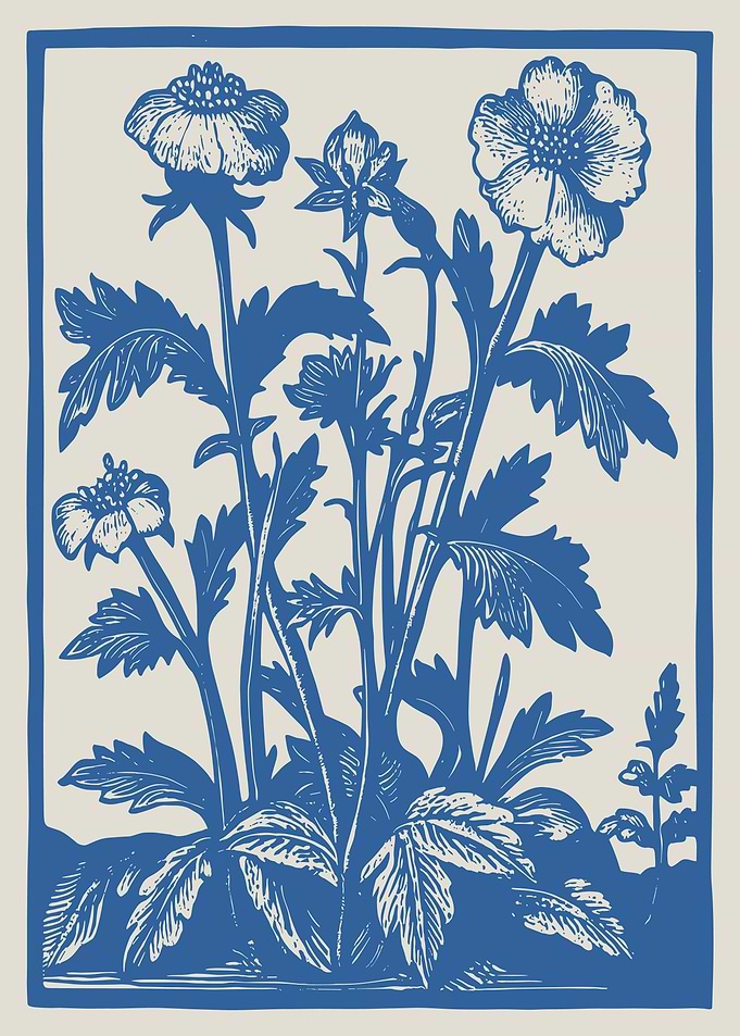 Blue Floral Woodcut Illustration