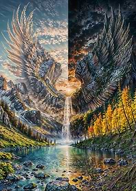 Dual Nature Winged Mountain - Light and Darkness Landscape Fantasy