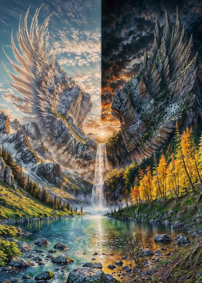 Dual Nature Winged Mountain - Light and Darkness Landscape Fantasy