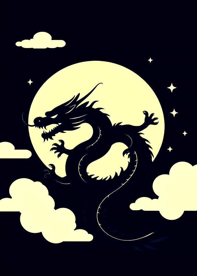 Dragon Silhouette with Moon and Clouds