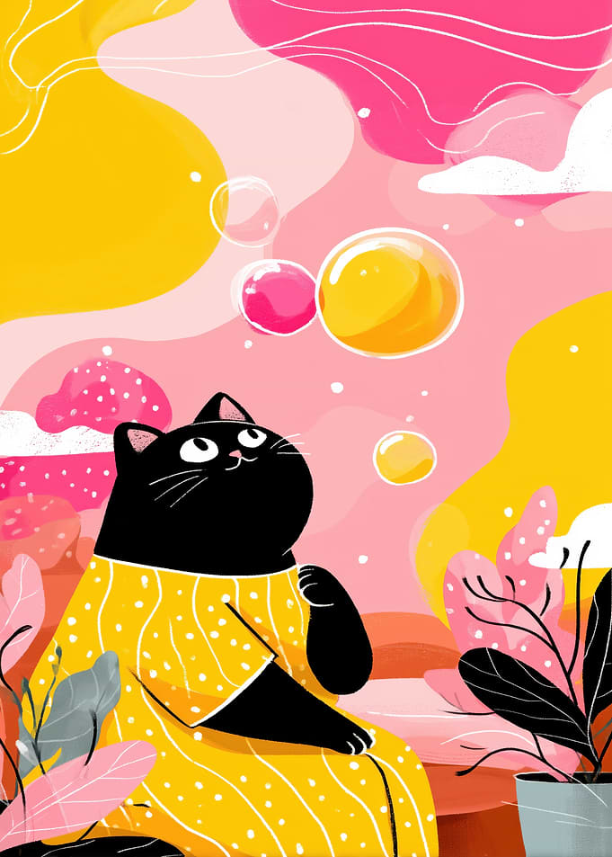 Black Cat with Bubbles Illustration