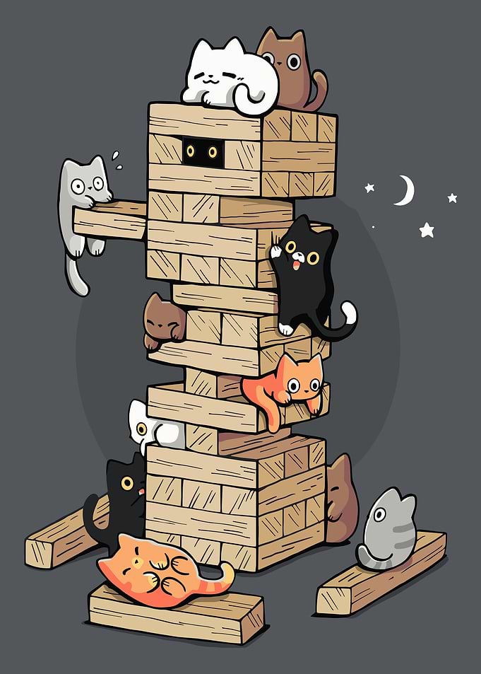 Cats playing jenga gaming kittens