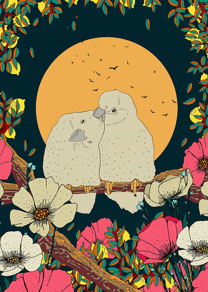 Two Birds in Floral Night Scene