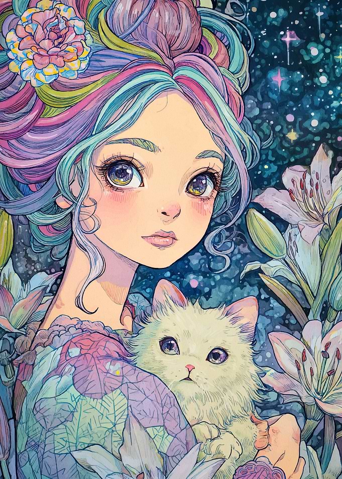 Anime Girl with Cat and Flowers