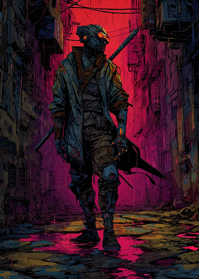 Cyberpunk Warrior in Neon Alley