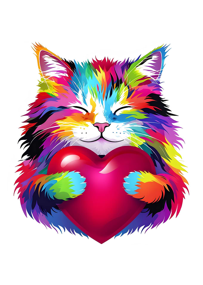 Colorful Cat Hugging Valentine Heart