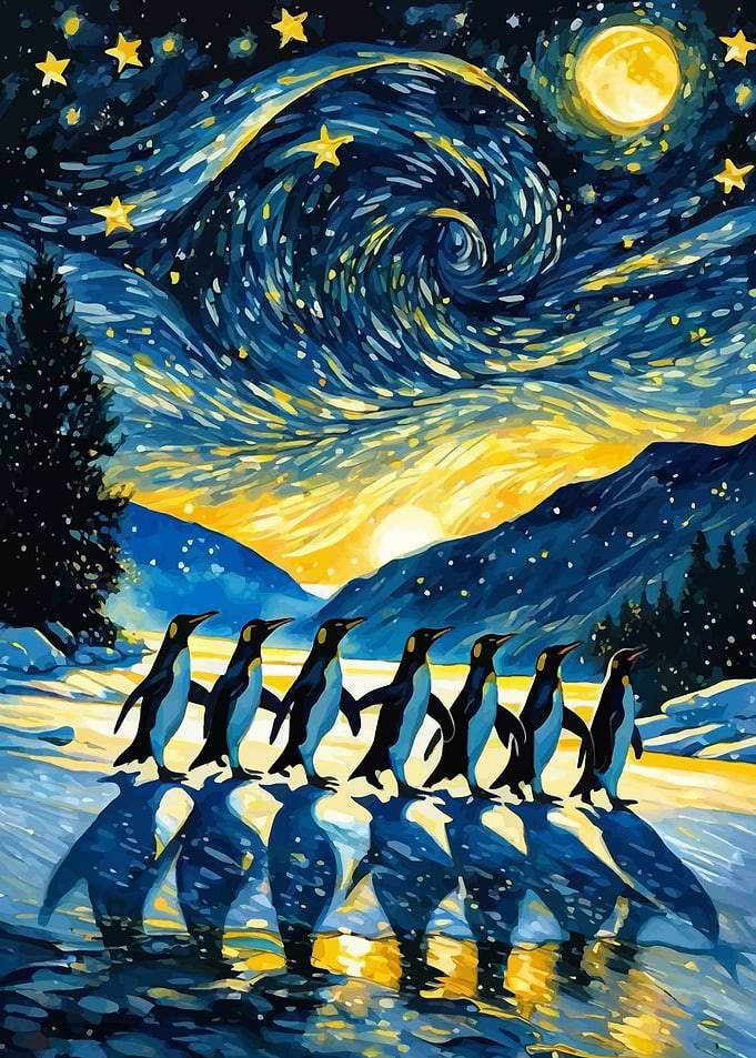 Penguins in Starry Night Landscape