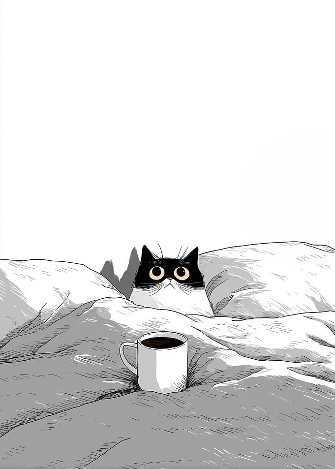Cat in Bed with Coffee