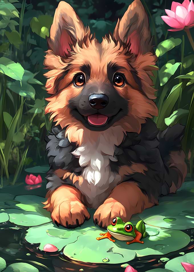 Cute Puppy and Frog on Lilypad