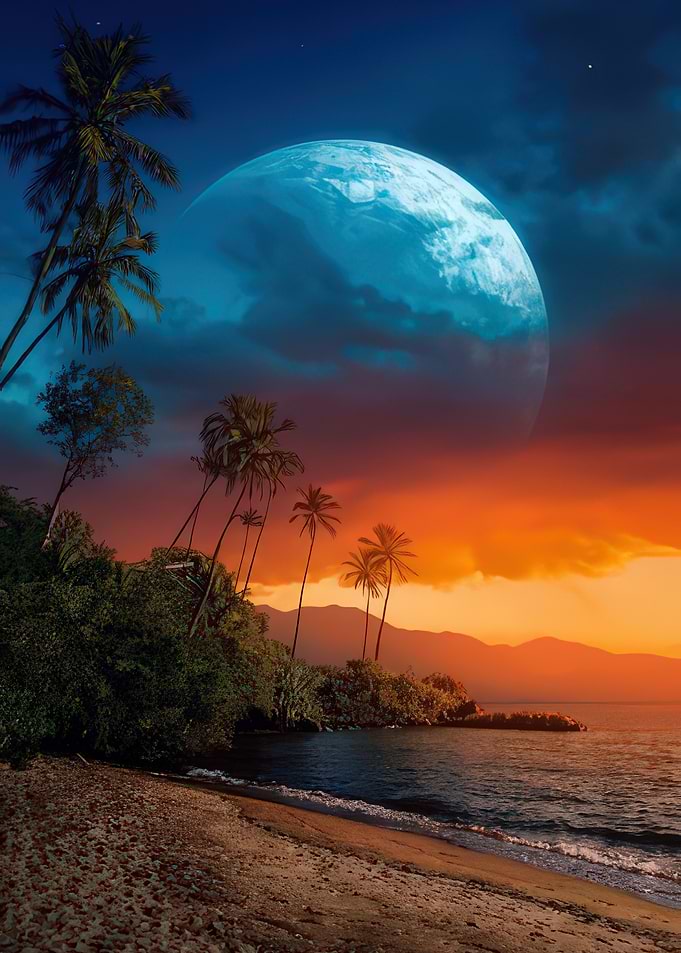 Tropical Beach with Giant Moon