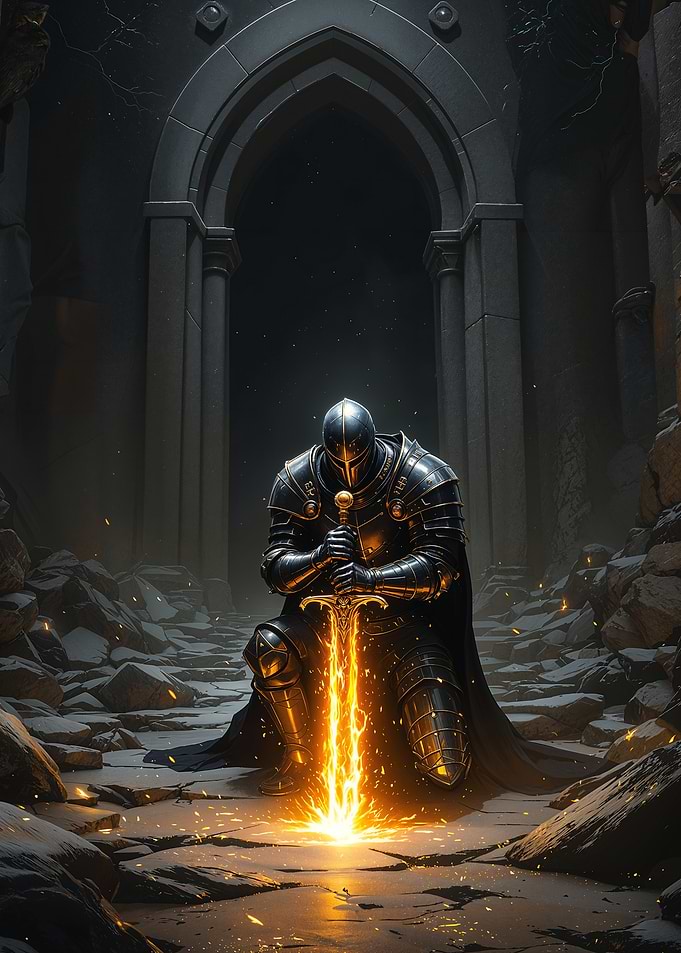 Armored Knight Warrior in a Dark Archway Glowing Sword