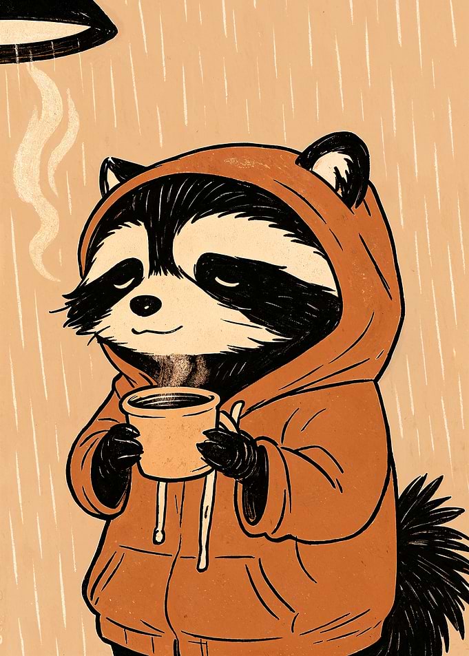 Raccoon in Hoodie Drinking Coffee in Rain