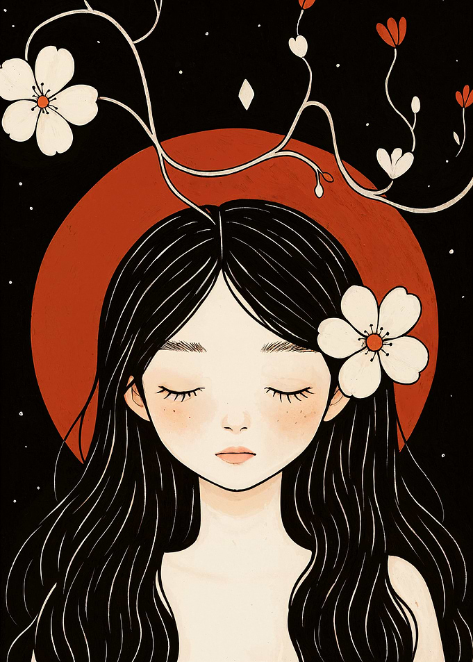 Dreamy Girl with Flowers and Moon