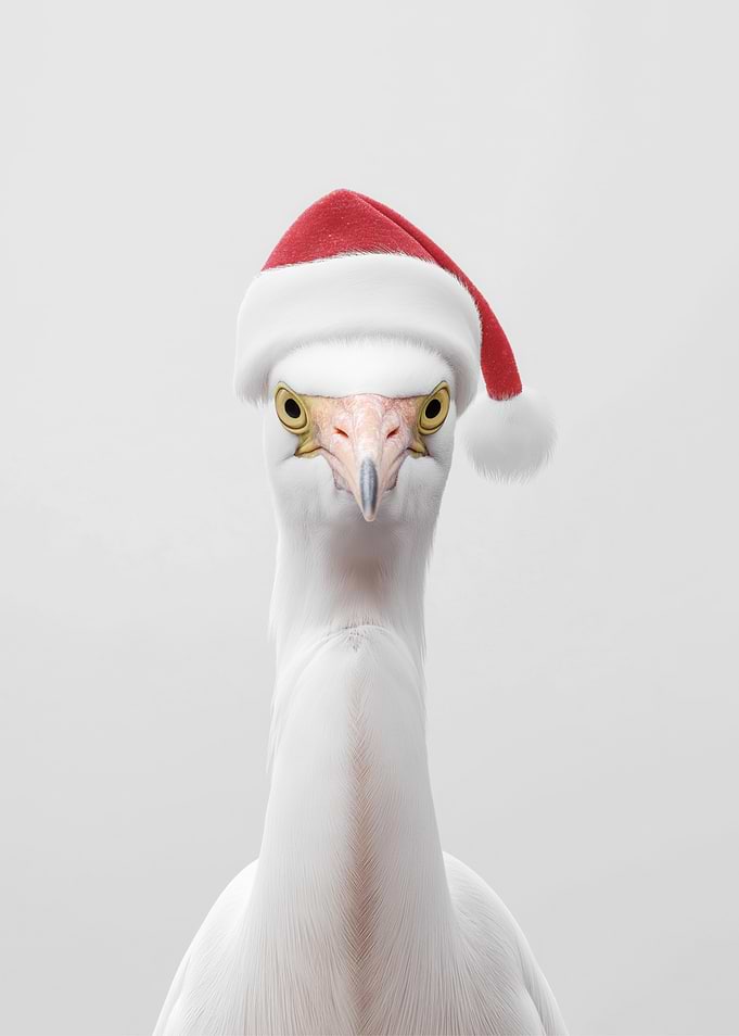 Festive Egret Bird with Santa Hat
