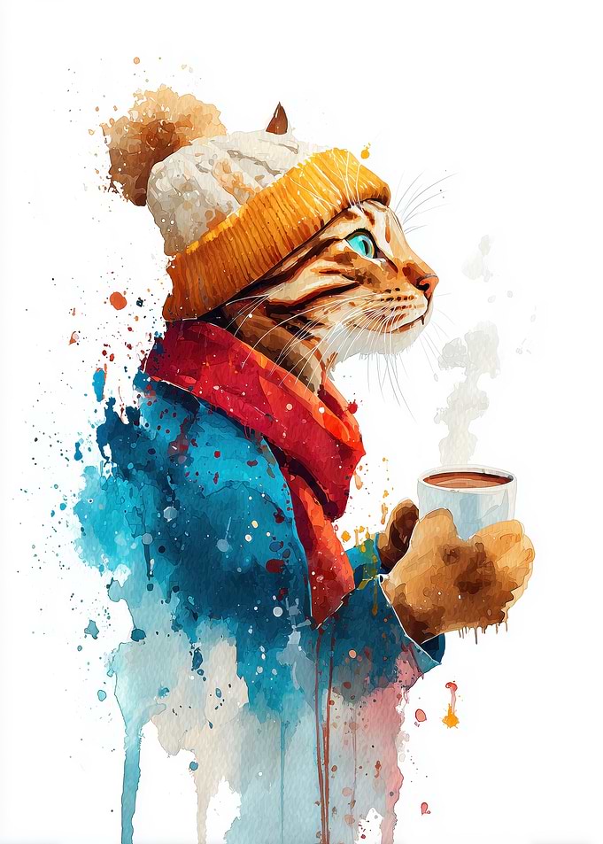 Watercolor Cat in with Coffee in Winter